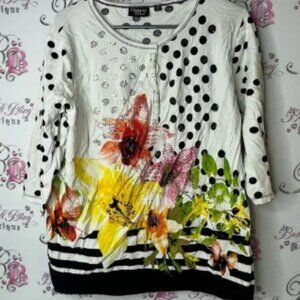 Onque casual long sleeve rhinestone polkadot Black and White Floral Top